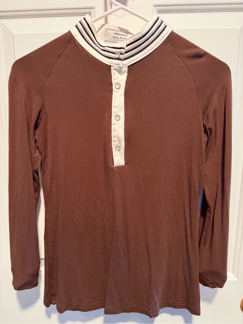 Women's Brown Long-Sleeve Equestrian Polo Top with Stripe Collar - Picture 2 of 2